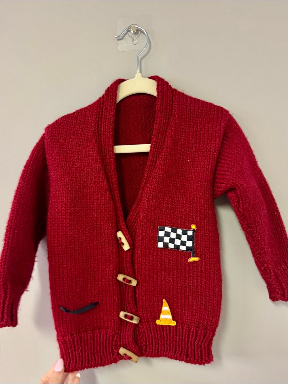 Red Knit Cardigan with Racing Patch